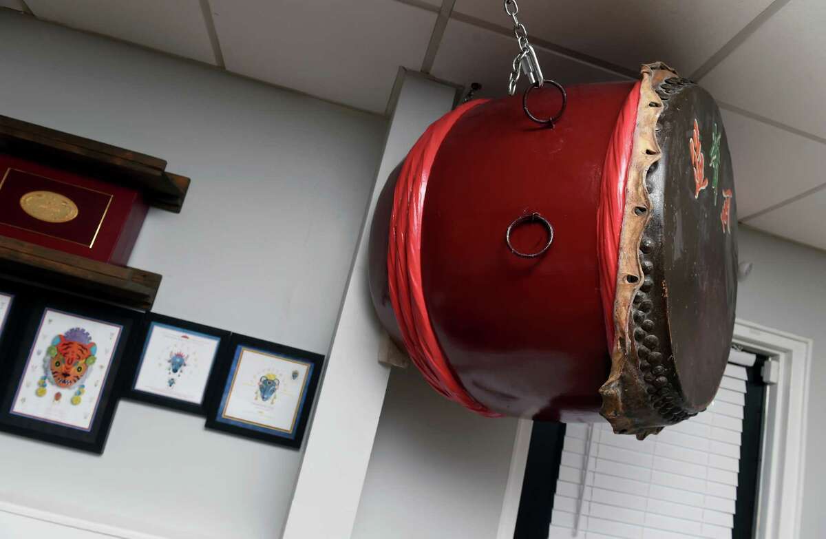 A drum hanging from the ceiling of the dining room at the new location of Jerry-San's Sushi Bar on Jefferson Road in Branford on March 7, 2023 is a holdover from the the old location in West Haven.