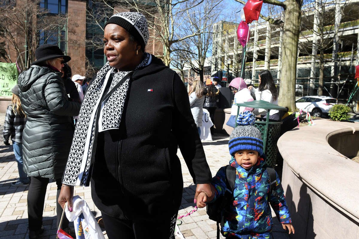 Norma Stennett of Scholastic Renaissance, a child-care service in Bridgeport, speaks during an interview at a “Morning Without Child Care” rally at McLevy Green, in Bridgeport, Conn. March 8, 2023,