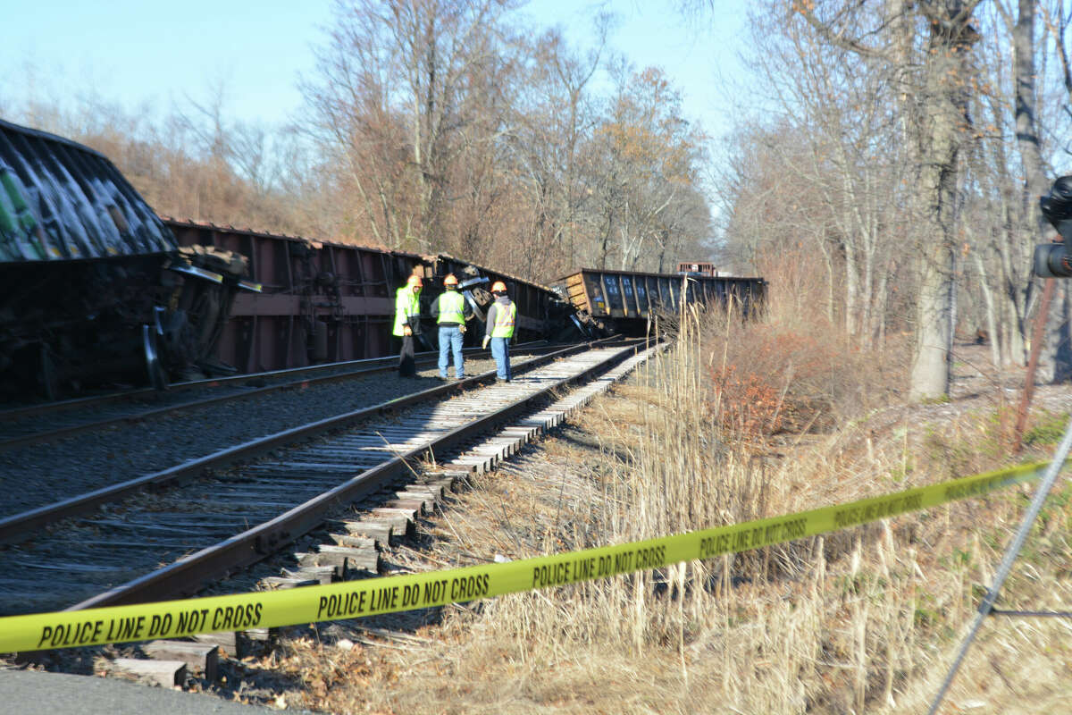 A derailed Providence & Worcester train in 2017 in Middletown, Conn. The Genesee & Wyoming-owned line had three derailments in 2022 in its home state of Connecticut where it has its corporate headquarters in Darien, among several nationally.