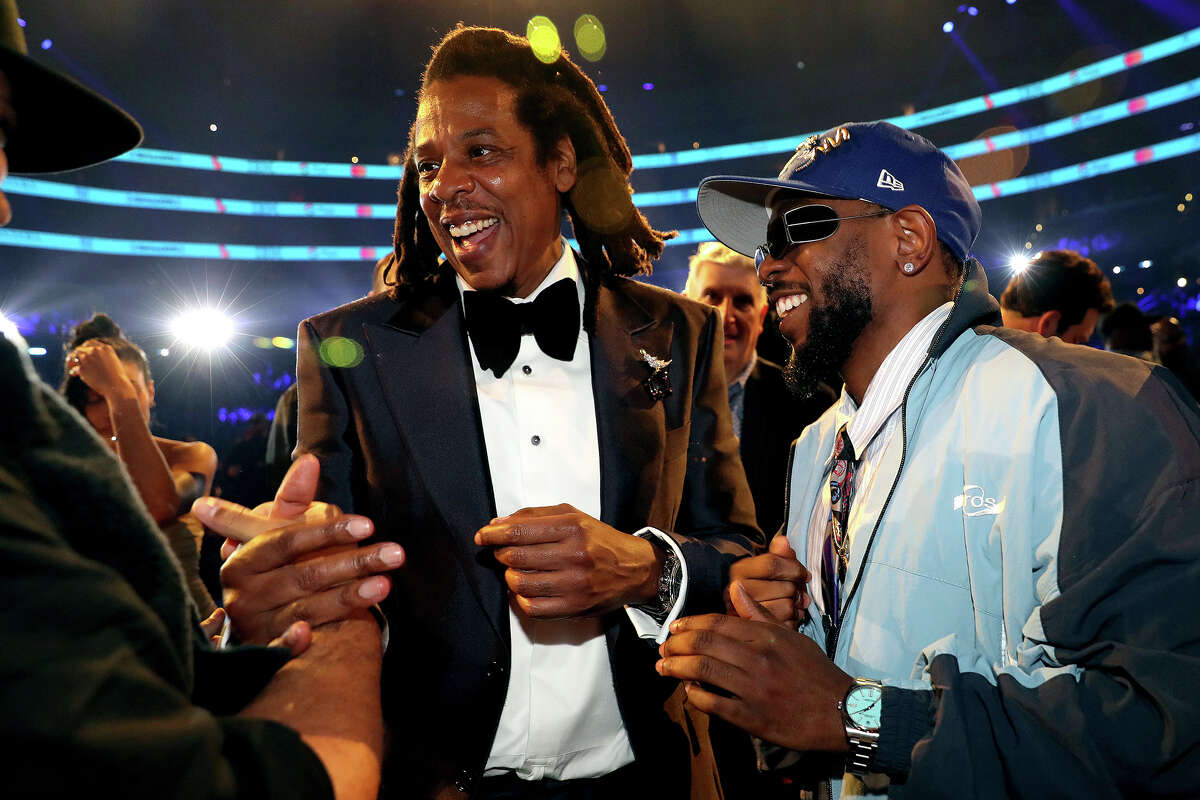 FILE: Jay-Z (left) and Kendrick Lamar attend the 65th Grammy Awards at Crypto.com Arena on Feb. 5, 2023, in Los Angeles.