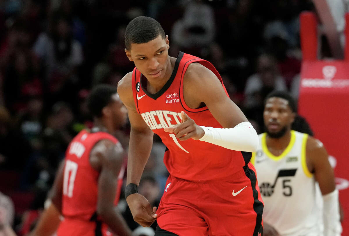 Houston Rockets forward Jabari Smith Jr. (1) reacts after scoring during the second quarter of an NBA game Monday, Oct. 24, 2022, at the Toyota Center in Houston.