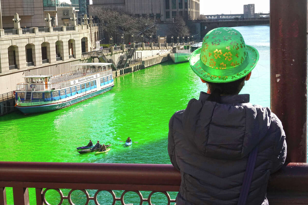 People view the Chicago River after it was dyed green in celebration of St. Patrick's Day. The dyeing of the river is a St. Patrick's Day tradition in the city.