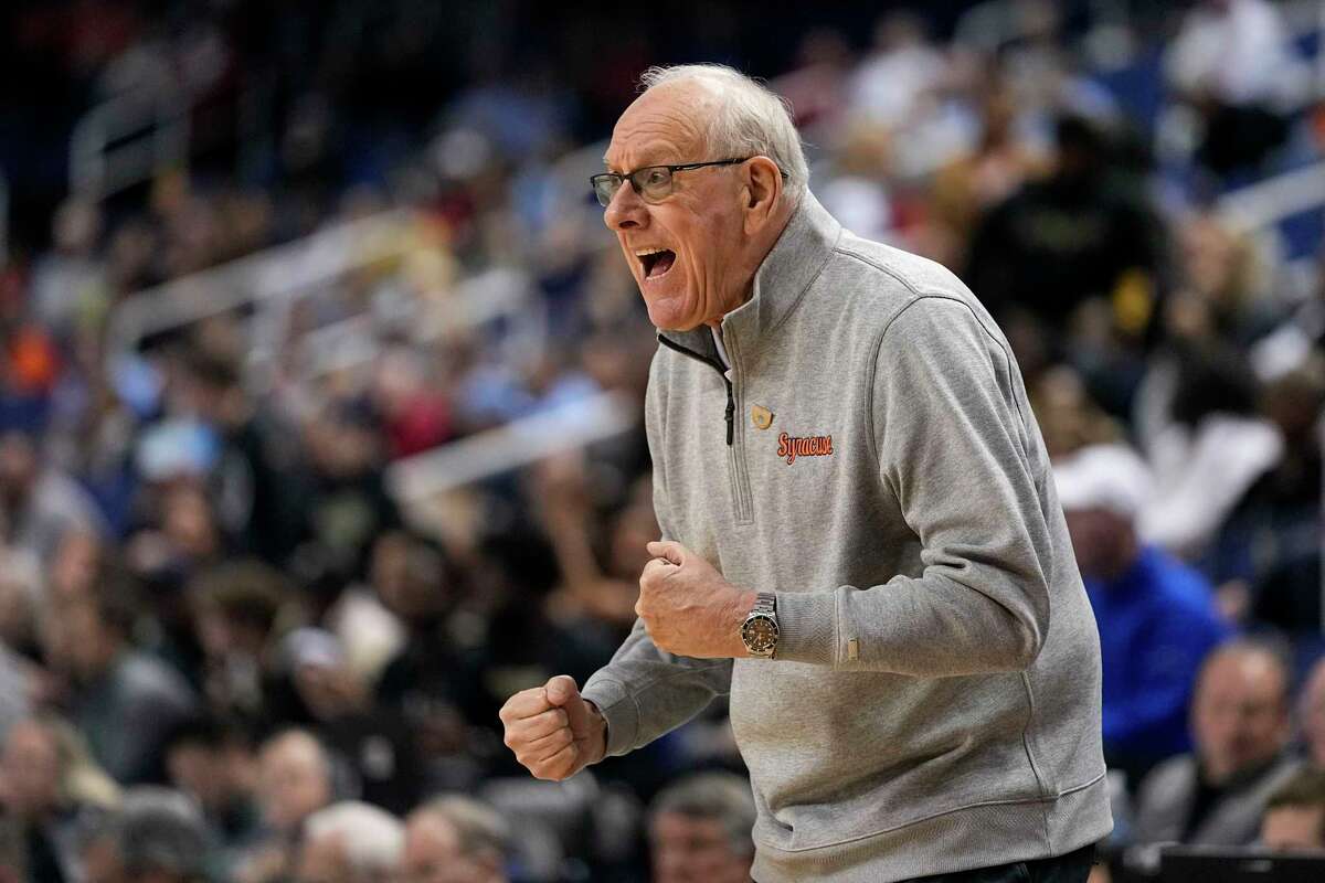 Syracuse head coach Jim Boeheim yells during the first half of an NCAA college basketball game against Wake Forest at the Atlantic Coast Conference Tournament, Wednesday, March 8, 2023, in Greensboro, N.C.