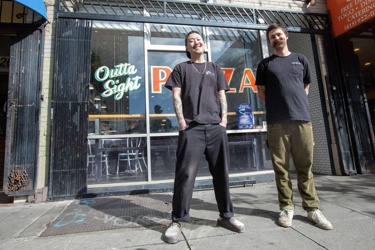 (Left to right) Eric Ehler and Peter Dorrance are co-owners of Outta Sight Pizza in San Francisco, Calif. on Mar. 7, 2023.