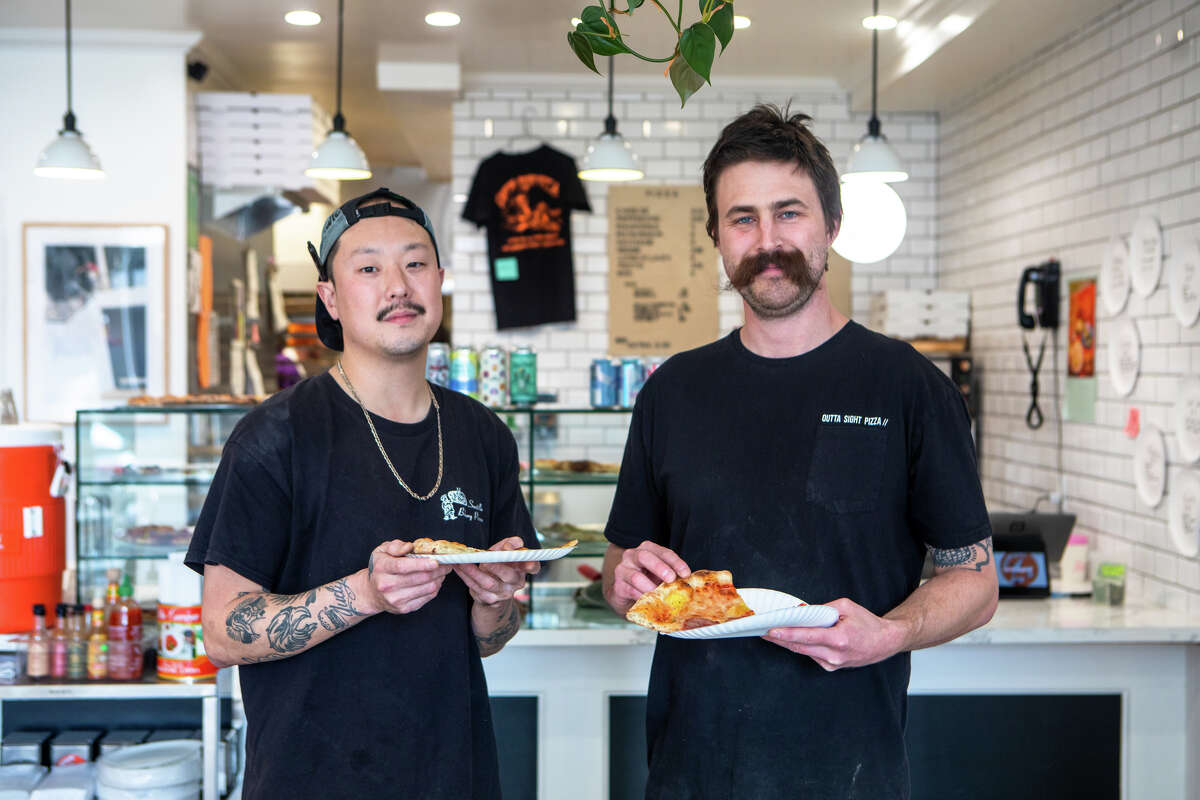 (Left to right) Eric Ehler and Peter Dorrance, co-owners of Outta Sight Pizza in San Francisco, on March 7, 2023.