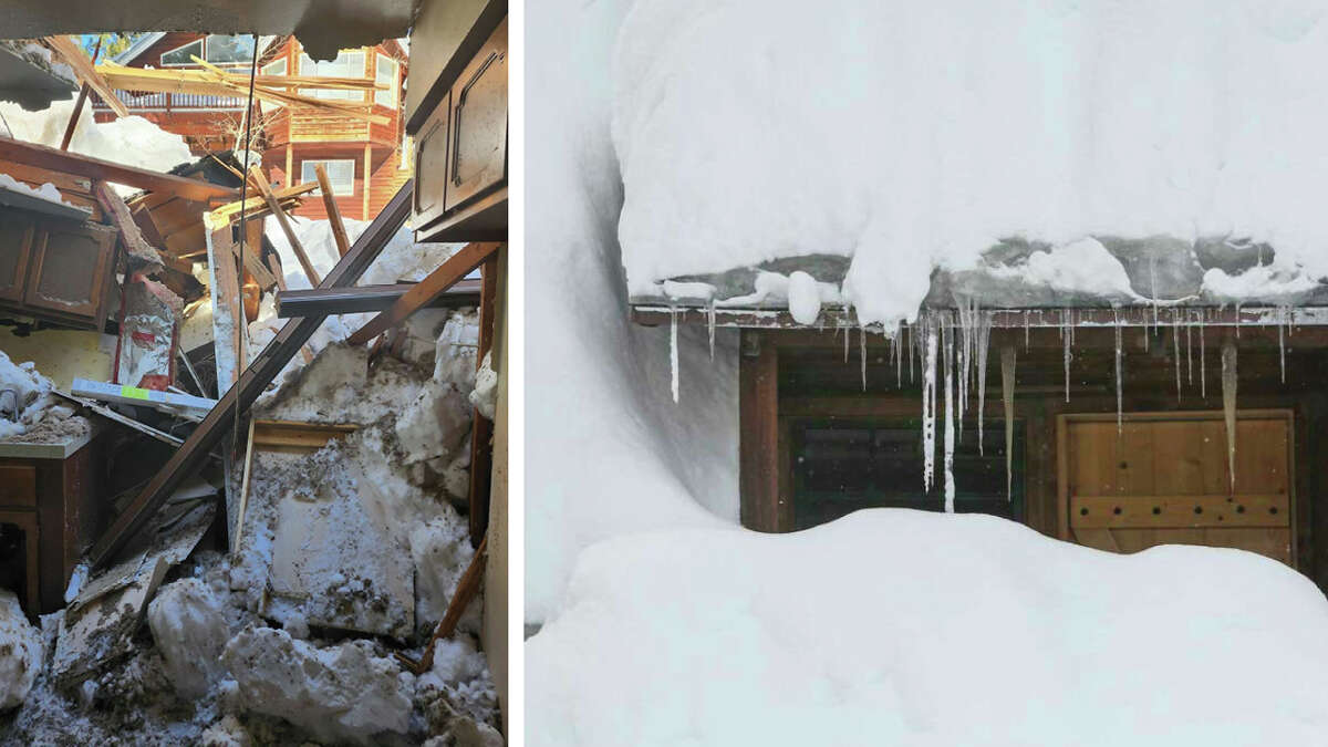 南太浩湖落叶松大道上的一户人家悬挂着冰柱。冰雪摧毁了塞拉山脉的房屋，即将到来的大气河流引发了人们对更多破坏的担忧。