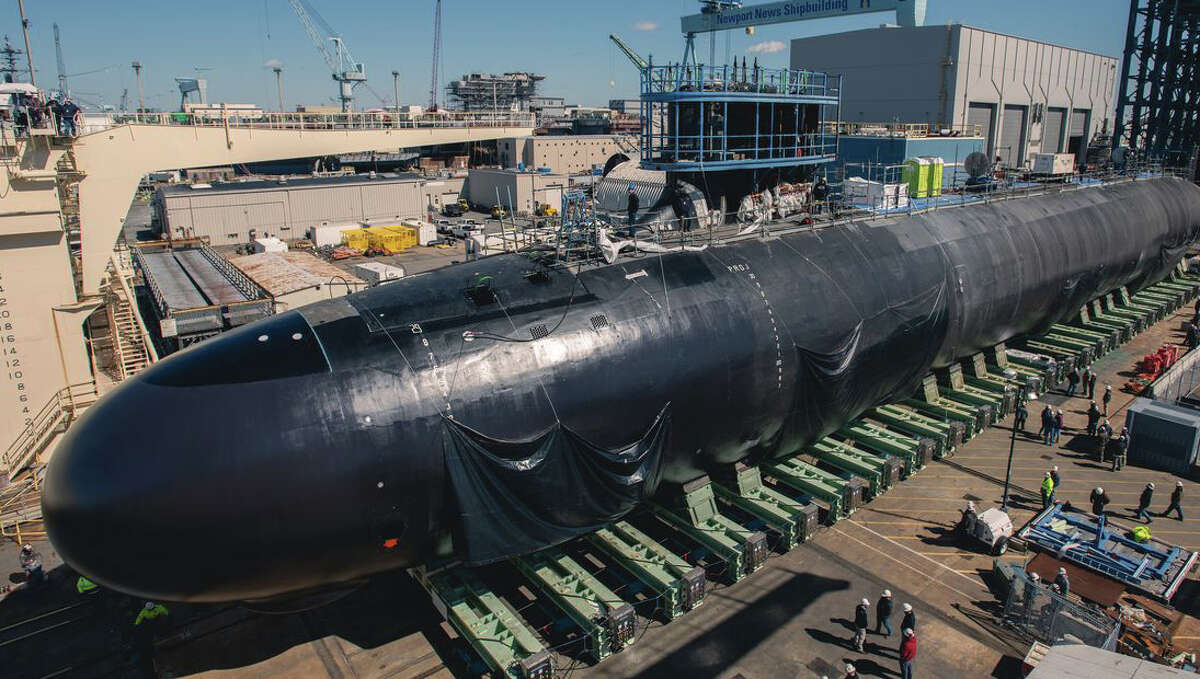 The Virginia-class attack submarine USS New Jersey readies to launch in April 2022 at the Newport News Shipbuilding yard in Virginia. (Media photo via Huntington Ingalls Industries)