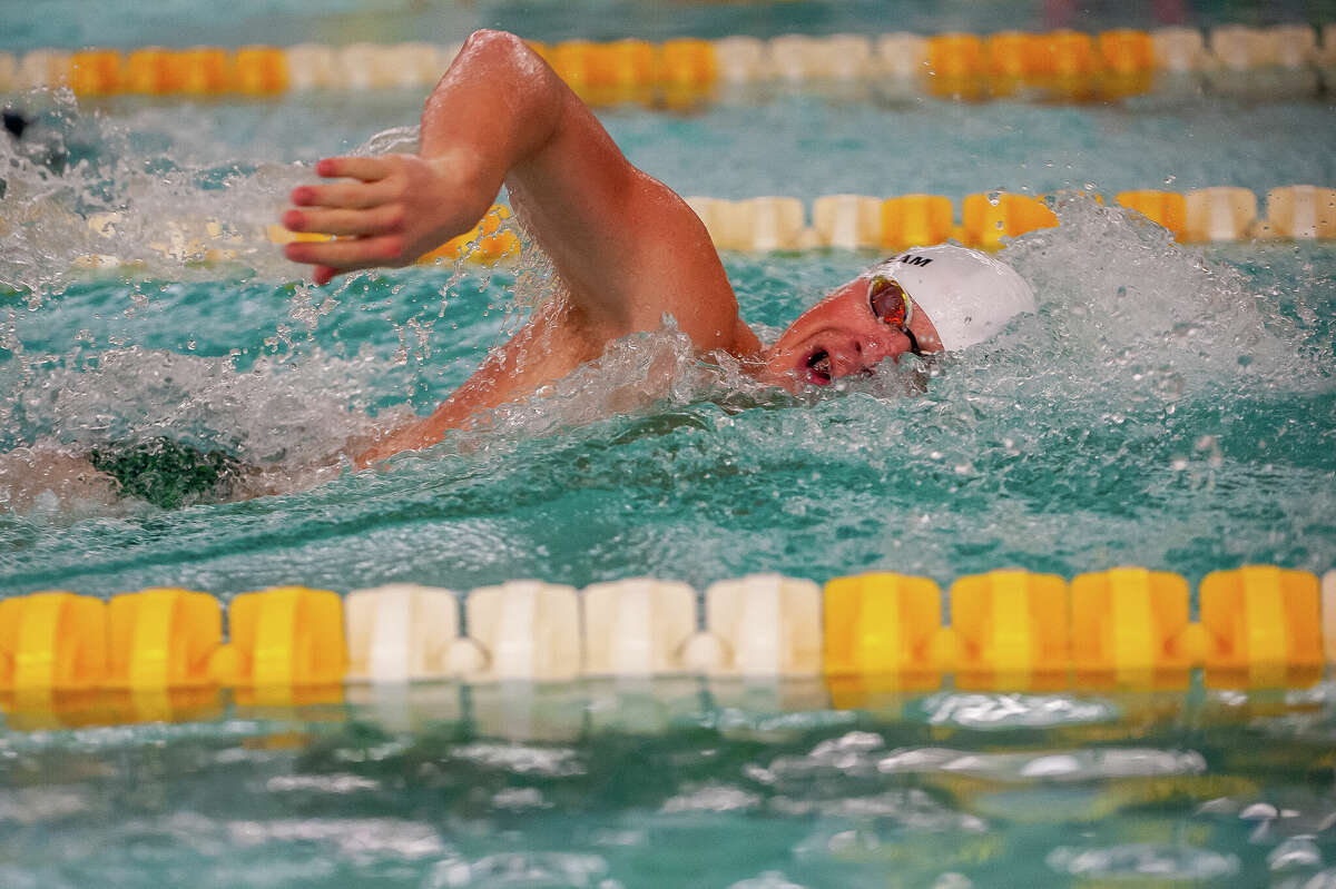 Dow High's Thomas Bacigalupo competes during a Feb. 7, 2023 meet against Midland High.