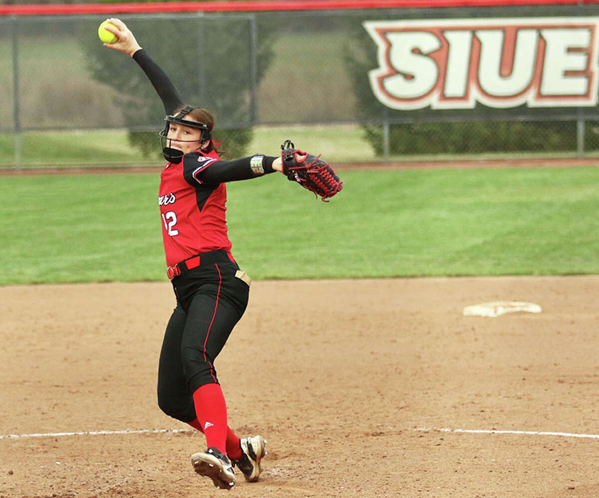 SIUE's Sydney Baalman, a junior from Hardin, delivers a pitch against Saint Louis on Wednesday afternoon at Cougar Field in Edwardsville.