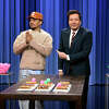 THE TONIGHT SHOW STARRING JIMMY FALLON -- Episode 1808 -- Pictured: (l-r) Chance The Rapper and host Jimmy Fallon play Peanut Butter Tic-Tac-Toe on Monday, March 6, 2023 -- (Photo by: Todd Owyoung/NBC via Getty Images)
