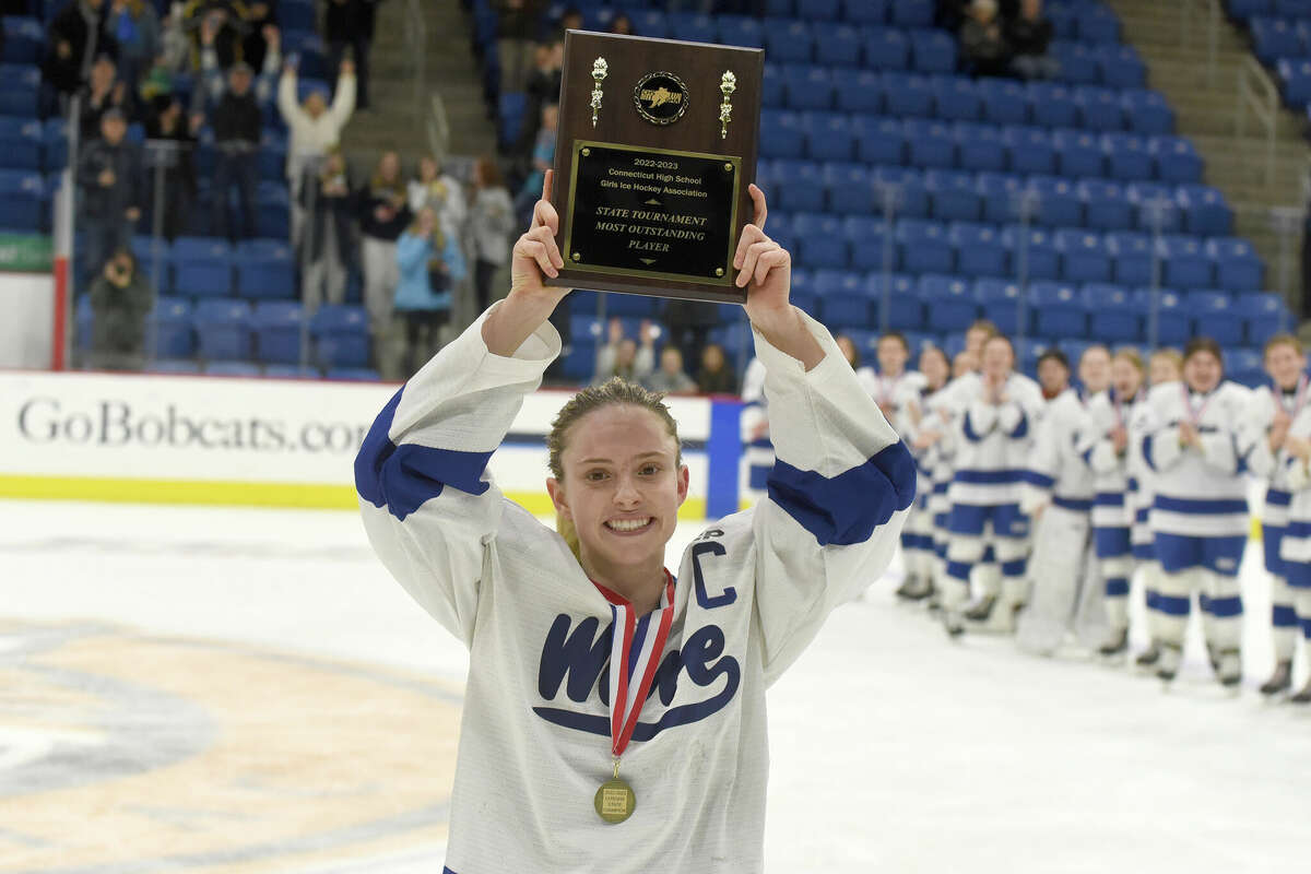 Darien's Kelsey Brown was named the MVP after the Blue Wave won the CHSGHA championship at Quinnipiac's M&T Bank Arena on Wednesday, March 8, 2023.
