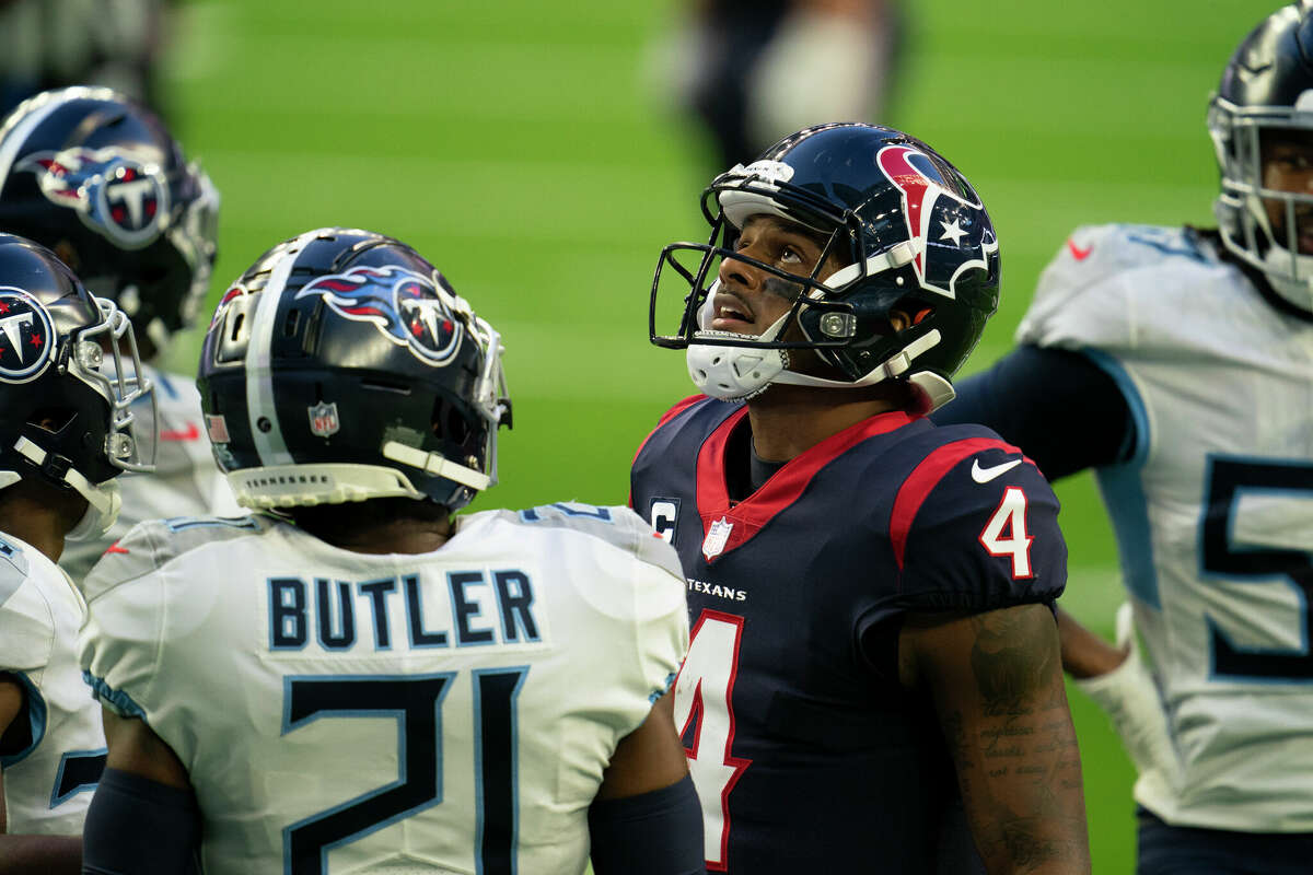 Deshaun Watson #4 of the Houston Texans looks on during an NFL game against the Tennessee Titans on January 03, 2021 in Houston.