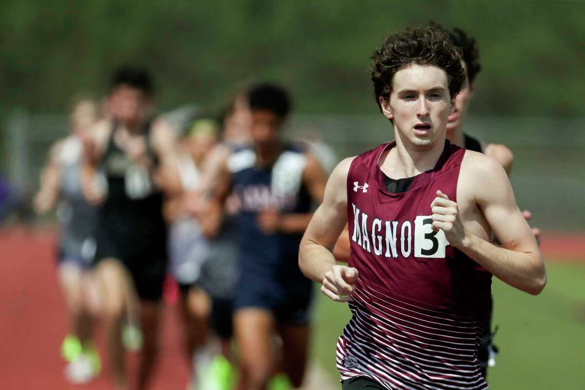 Braden Gilbert of Magnolia competes in the boys 3,200-meter run during the Dog Pound Invitational, Thursday, March 9, 2023, in Magnolia.