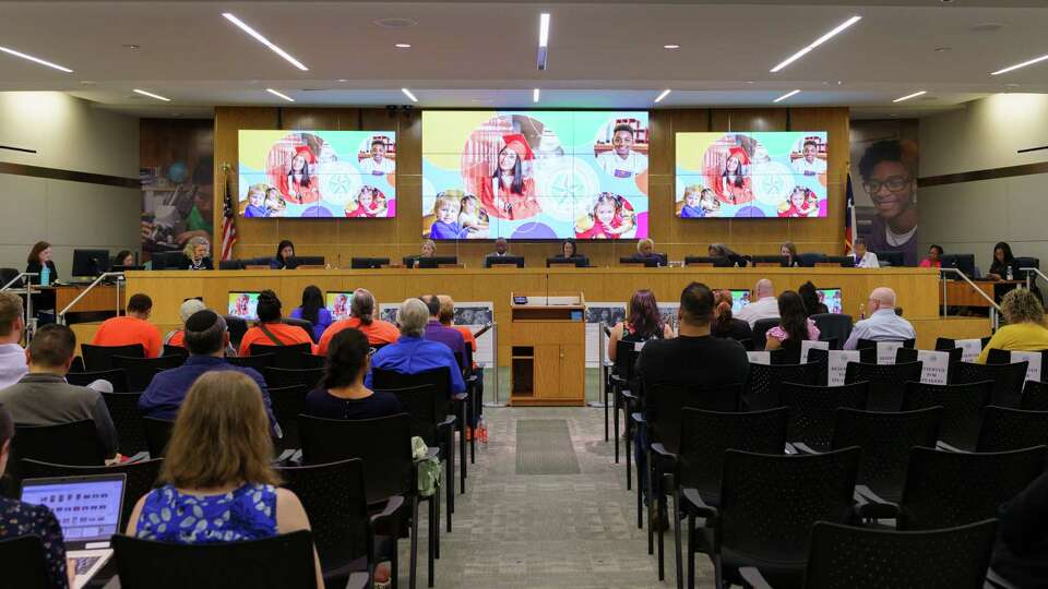 Board members of HISD prepares to begin an HISD board meeting in Houston, Texas on Thursday, March 9, 2023.