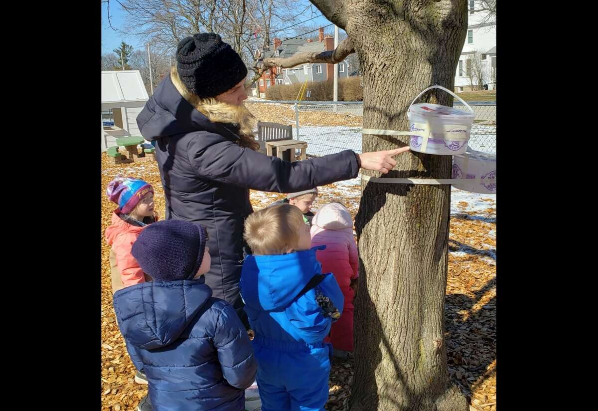 Nicole Anciso shows Manistee Area Public Schools preschool students the ins and outs of tapping trees Tuesday at Jefferson Elementary School.