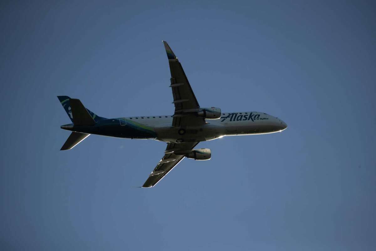 An Alaska Airliner departs from the Charles M. SchulzÐSonoma County Airport on Friday, April 12, 2019, in Santa Rosa, Calif. Alaska Airlines re-routed four passenger flights to Oakland International Airport Thursday night, owing to severe wind turbulence.