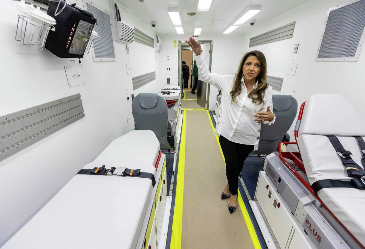 Knight Aerospace CEO Bianca Rhodes stands inside one of the company’s biomedical containment modules at its headquarters Port San Antonio. The company, known for it’s self-contained modules that can be installed in military and commercial cargo planes, is working to develop similar capabilities for point-to-point rockets.