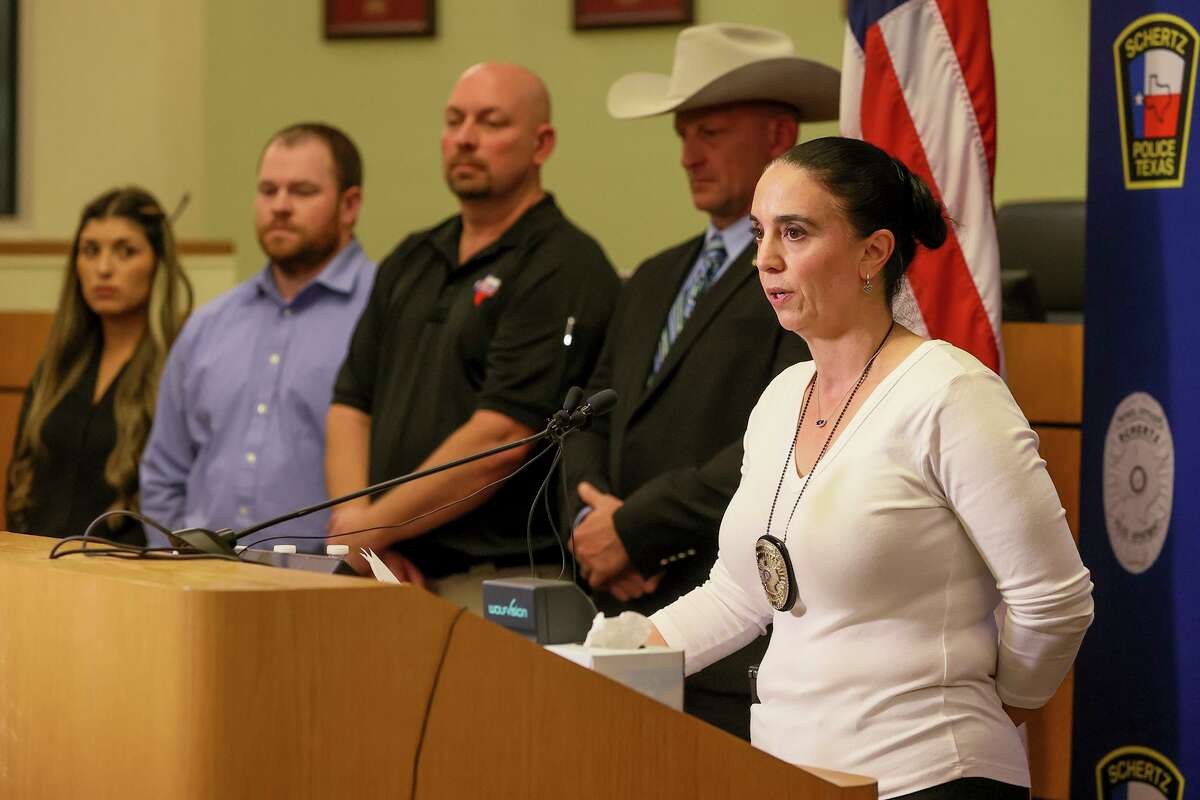 Schertz Police Helen Lafitte, right, speaks during a news conference in November 2021 regarding the disappearance of Jacob Dubois. At the time, Laffite said the case was being investigated as a murder and that Ethan Beckman, a friend of Dubois, was the main focus of the investigation. Beckman was indicted on a charge of murder this week.
