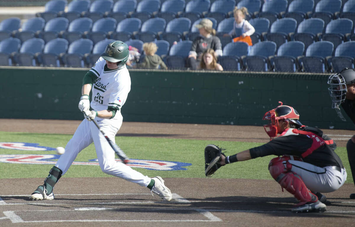 Midland College's Michael Weidner singles home a run in the second game of a doubleheader played against Howard College, March 10 at Christensen Stadium. 