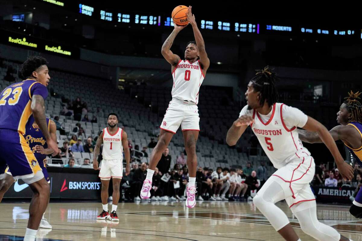 UH guard Marcus Sasser, who came within one point of his career high with 30 points, takes a shot against East Carolina in the second half on Friday.