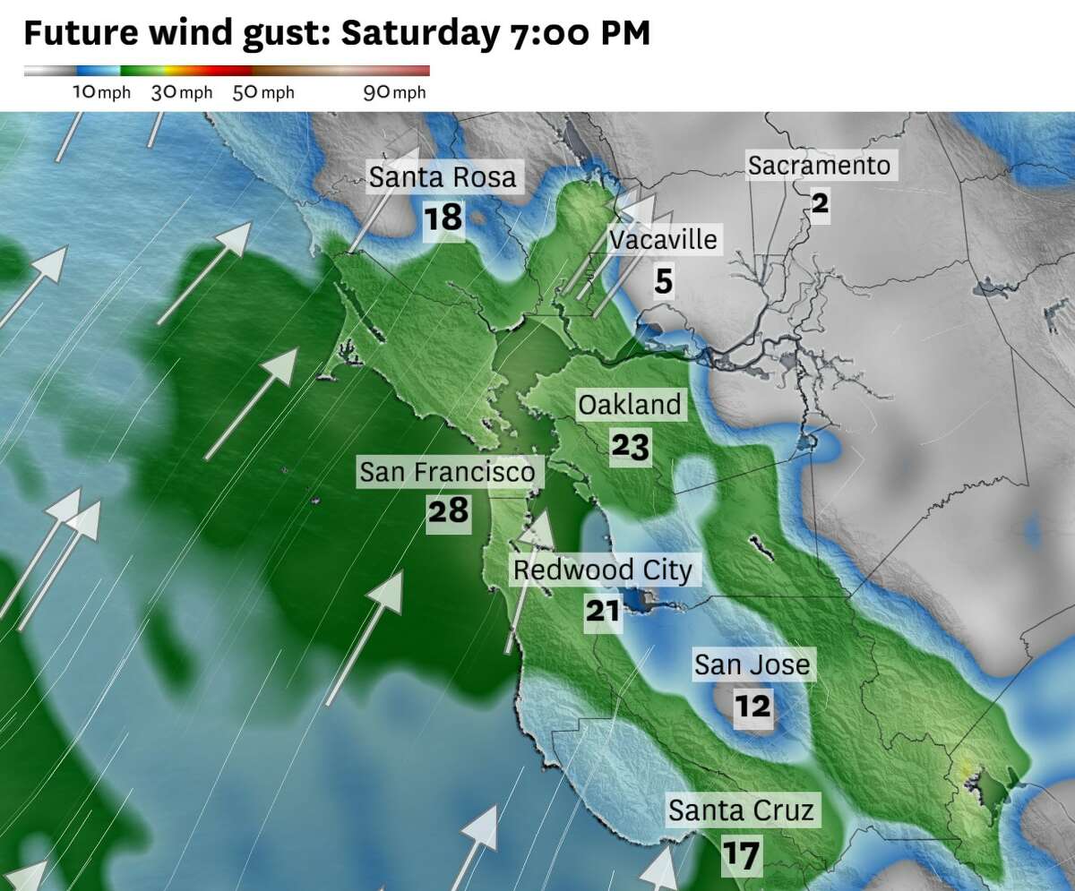 Winds will continue to blow from the southwest today as moisture from the Pacific Ocean flows into the Bay Area this weekend. Without a storm to tap into its moisture, the Pineapple Express will raise only spotty winds and showers.