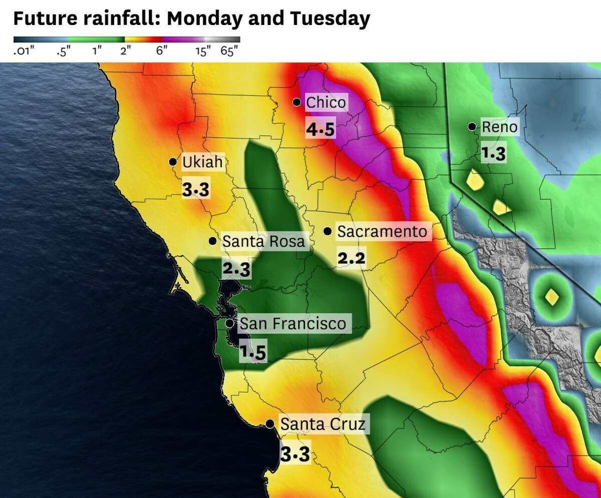 美国气象模型预测周一和周二的降雨量总量，旧金山、奥克兰、圣拉蒙和利弗莫尔山谷的降雨量在1到3英寸之间，而圣克鲁斯山脉向西和向南斜坡的降雨量可能会更高，达到5英寸。