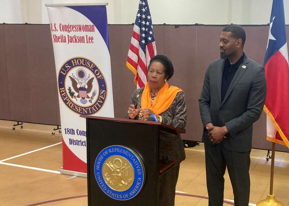 U.S. Rep. Sheila Jackson-Lee and EPA Administrator Michael Regan speak about a federal grant program aimed at reducing greenhouse gas emission on Friday, March 10, 2023.