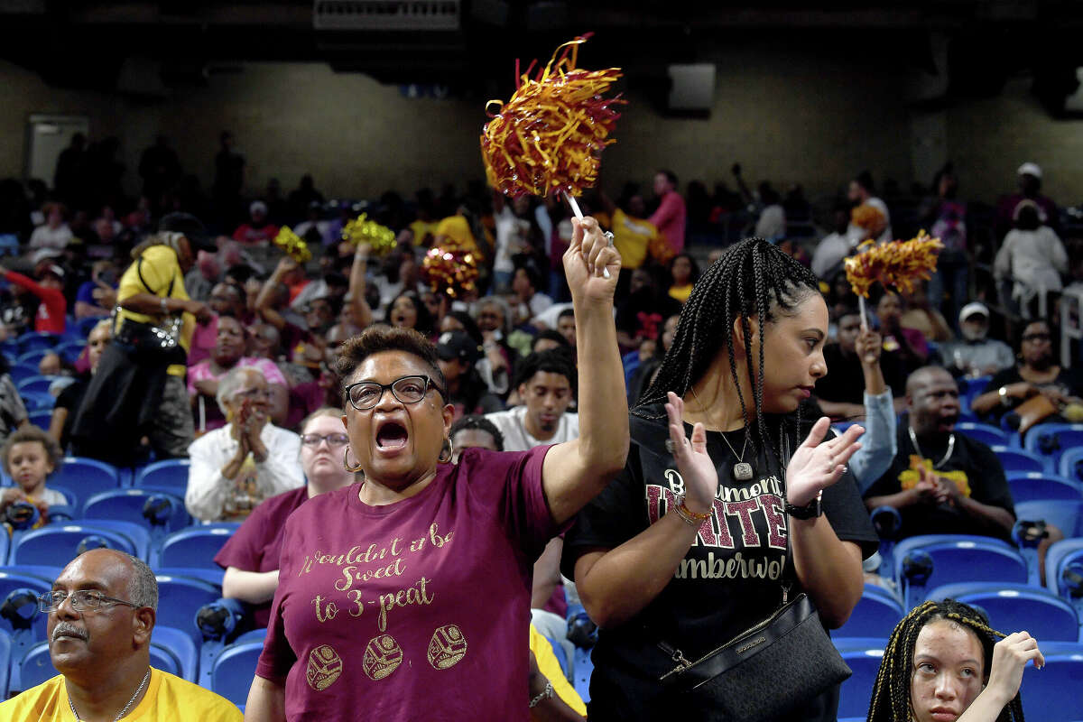 Beaumont United fans cheer as the Timberwolves enter the arena with minutes to go before they battle Brennan in the 6A state semi final at the Alamodome Friday. Photo made Friday, March 10, 2023 Kim Brent/Beaumont Enterprise