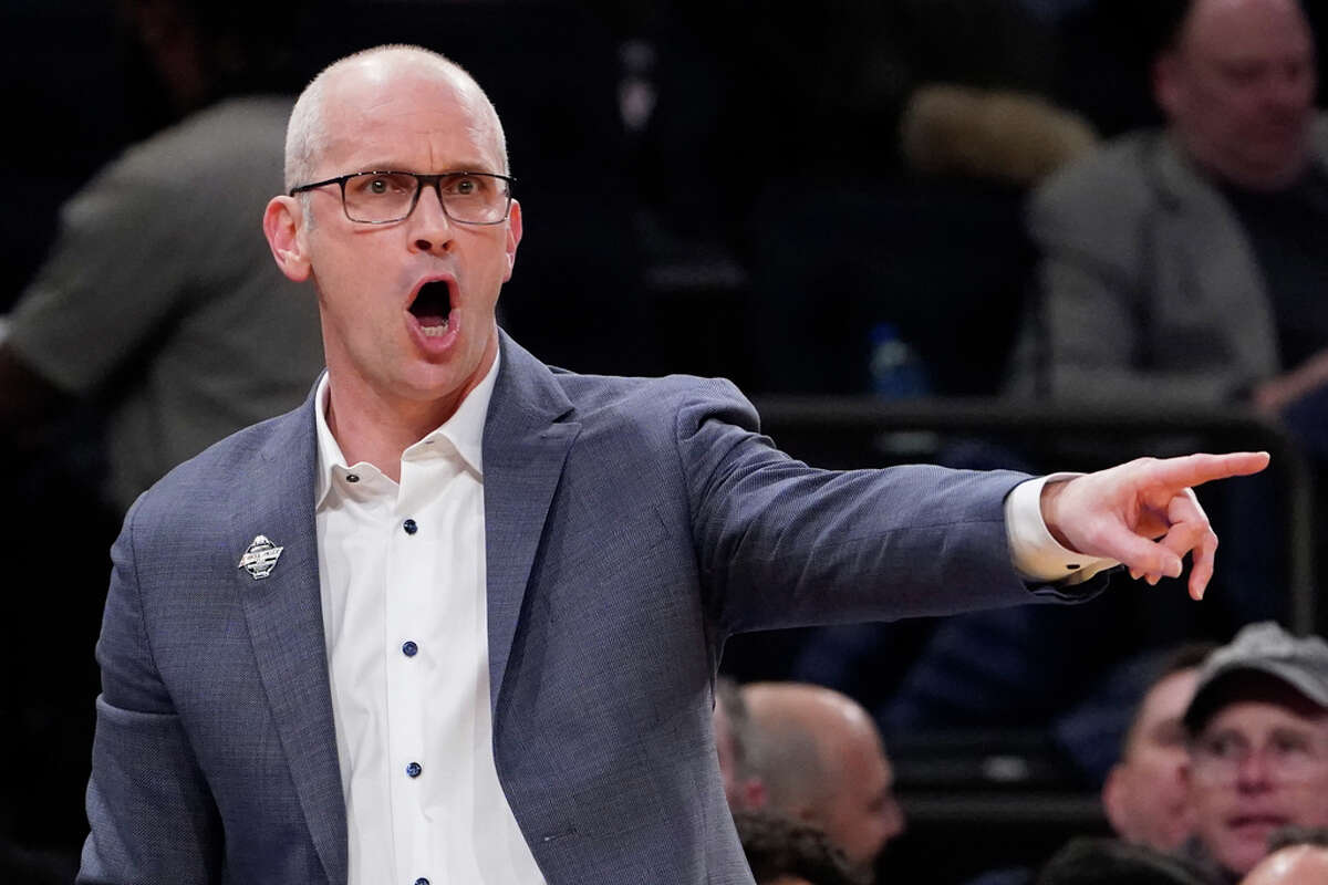 Connecticut head coach Dan Hurley works the bench in the first half of an NCAA college basketball game against Marquette during the semifinals of the Big East conference tournament, Friday, March 10, 2023, in New York. (AP Photo/John Minchillo)