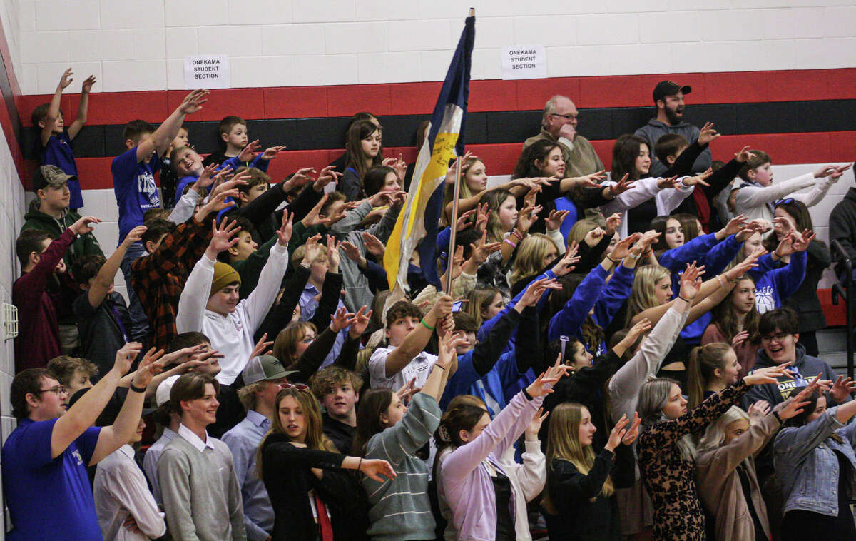 The Onekama student section makes its presence felt against Frankfort on March 10, 2023 at Bear Lake High School. 