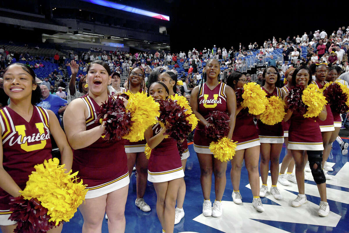 Beaumont United cheerleaders react as the Timberwolves head to the locker room after beating Brennan in the 6A state semi final at the Alamodome Friday. Photo made Friday, March 10, 2023 Kim Brent/Beaumont Enterprise