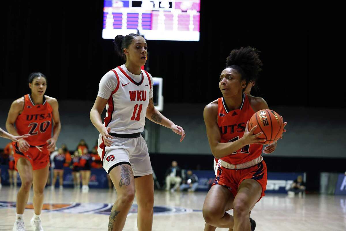 UTSA women’s basketball player Sidney Love during a Conference USA basketball tournament semifinal against Western Kentucky on Friday, March 10, 2023, in Frisco.