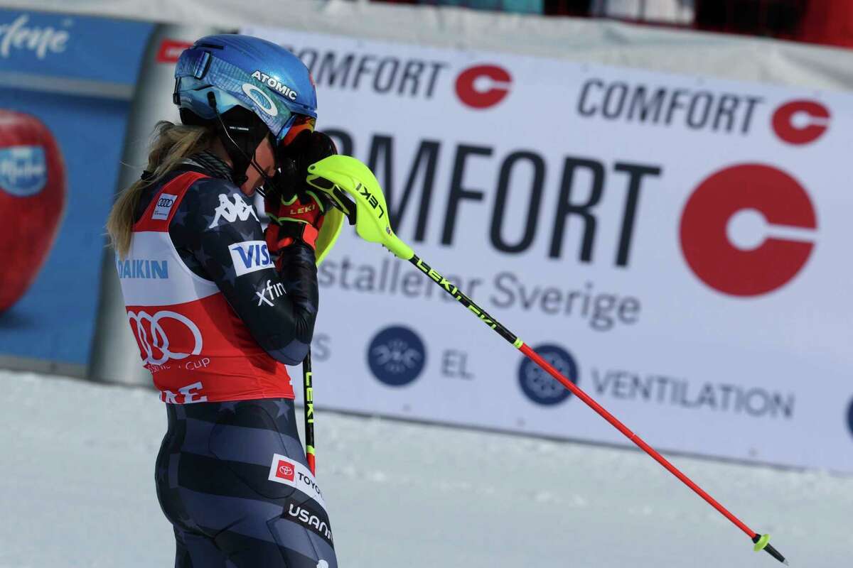 United States' Mikaela Shiffrin reacts after winning an alpine ski, women's World Cup slalom, in Are, Sweden, Saturday, March 11, 2023.