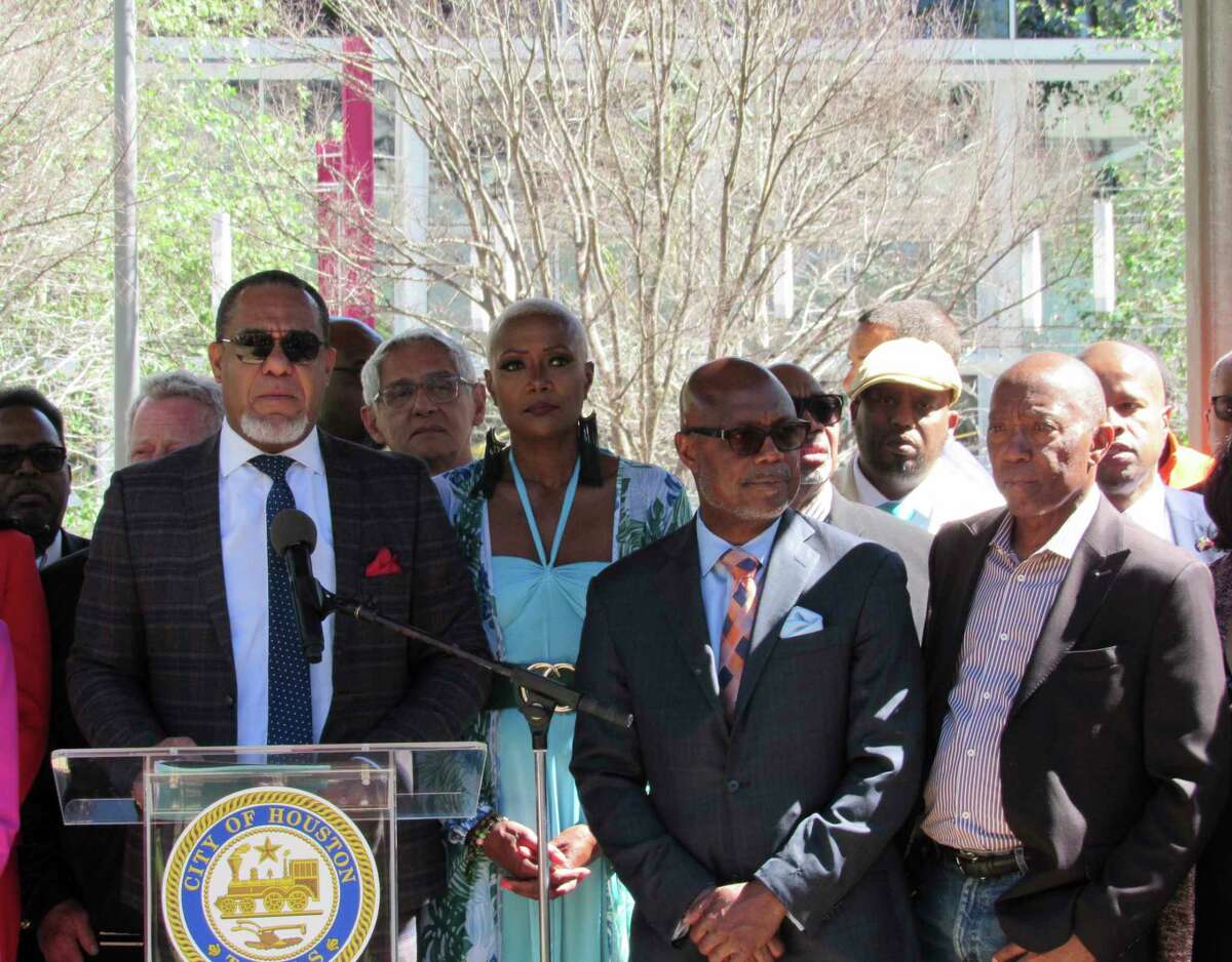 Texas State Rep. Jarvis Johnson, along with other Houston area leaders, including Mayor Sylvester Turner, on the right, speak at a news conference on Friday, March 3, 2023, in Houston while protesting the proposed takeover of the city's school district by the Texas Education Agency. Local and federal officials say state leaders are preparing to take over the Houston Independent School District over allegations of misconduct by district board members and the yearslong failing performance of one campus. (Juan A. Lozano/AP Photo)