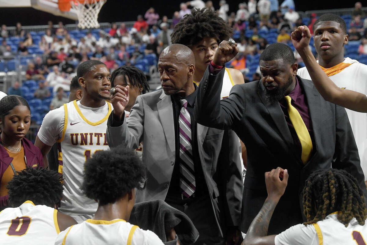 Coach David Green reacts as Beaumont United takes on Brennan in the 6A state semi final at the Alamodome Friday. Photo made Friday, March 10, 2023 Kim Brent/Beaumont Enterprise