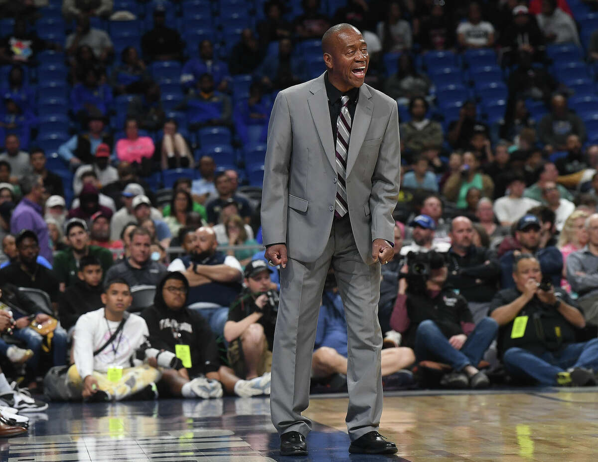 Coach David Green reacts as Beaumont United takes on Brennan in the 6A state semi final at the Alamodome Friday. Photo made Friday, March 10, 2023 Kim Brent/Beaumont Enterprise