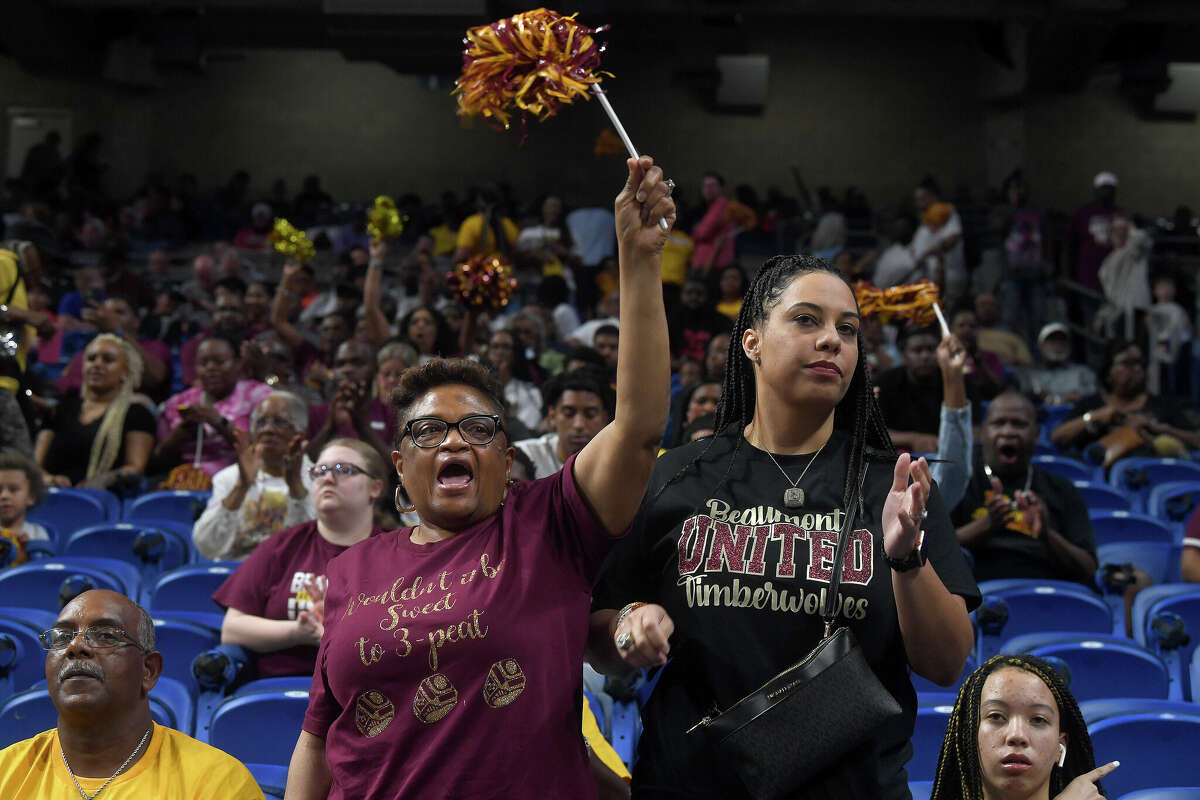 Fans cheer as Beaumont United gets ready to take on Brennan in the 6A state semi final at the Alamodome Friday. Photo made Friday, March 10, 2023 Kim Brent/Beaumont Enterprise