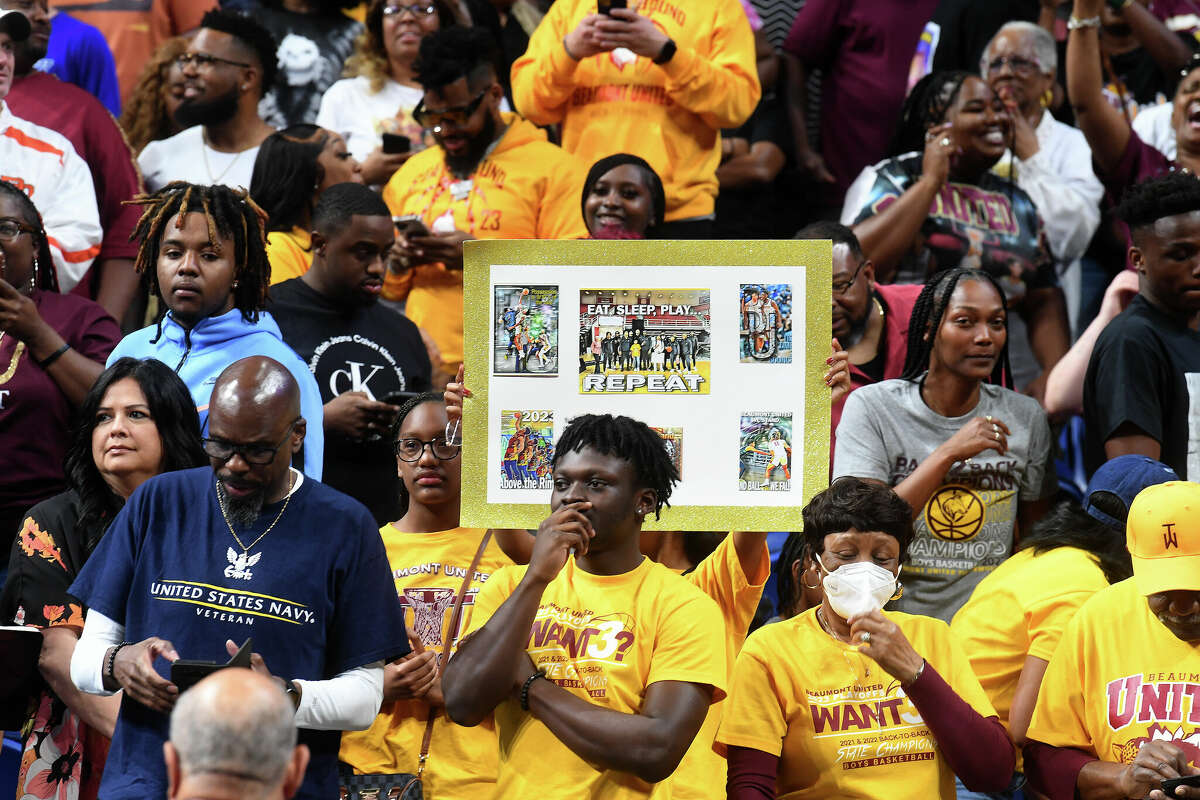 Beaumont United fans react as they battle Brennan in the 6A state semi final at the Alamodome Friday. Photo made Friday, March 10, 2023 Kim Brent/Beaumont Enterprise