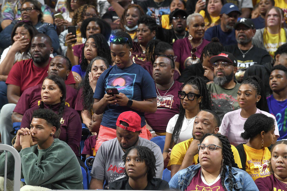Beaumont United fans react as they battle Brennan in the 6A state semi final at the Alamodome Friday. Photo made Friday, March 10, 2023 Kim Brent/Beaumont Enterprise