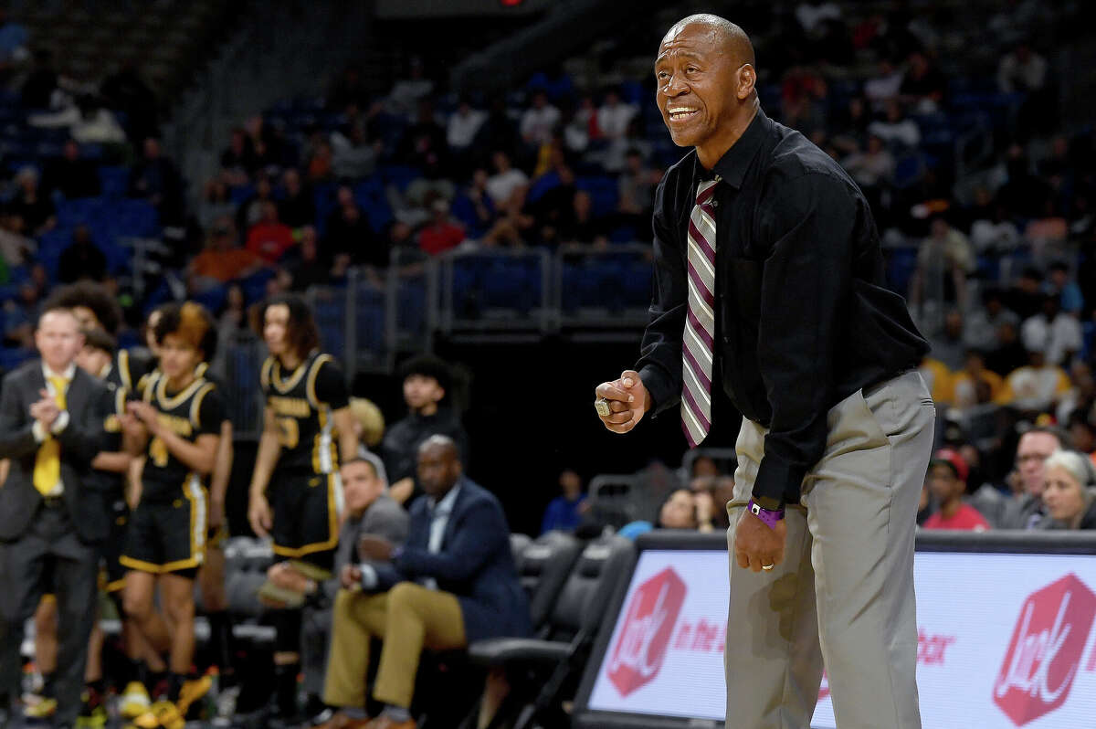 Beaumont United shouts to players as they battle Brennan in the 6A state semi final at the Alamodome Friday. Photo made Friday, March 10, 2023 Kim Brent/Beaumont Enterprise