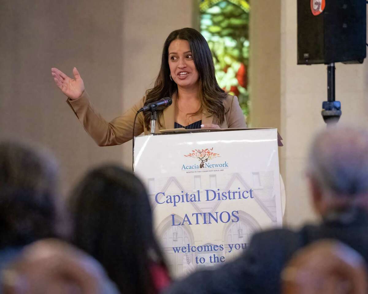 Assemblywoman Catalina Cruz, D-Queens, speaks during a panel discussion about how non-profits have responded to meet the need of immigrants on Friday, March 10, 2023, at the Capital District Latinos Cultural Empowerment and Community Engagement Center on Central Avenue in Albany, NY.