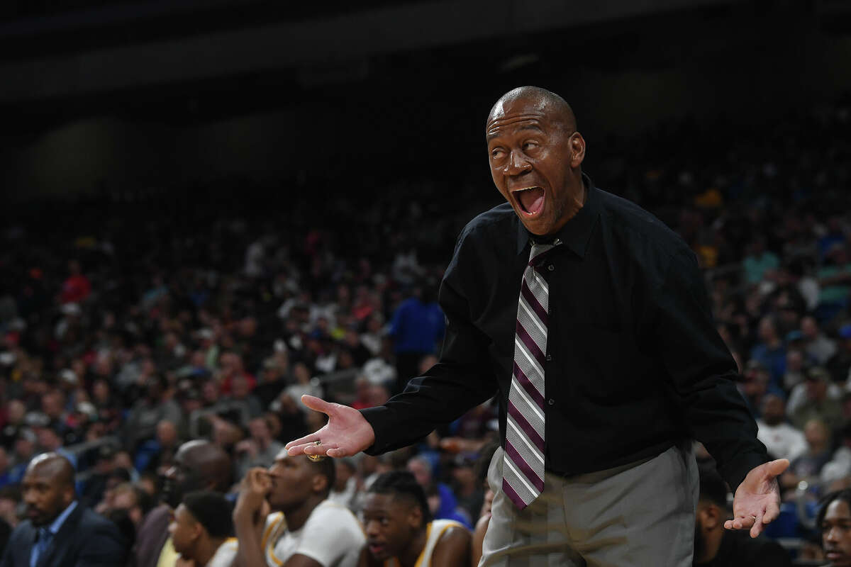 Coach David Green reacts to a call as the Timberwolves battle Brennan in the 6A state semi final at the Alamodome Friday. Photo made Friday, March 10, 2023 Kim Brent/Beaumont Enterprise