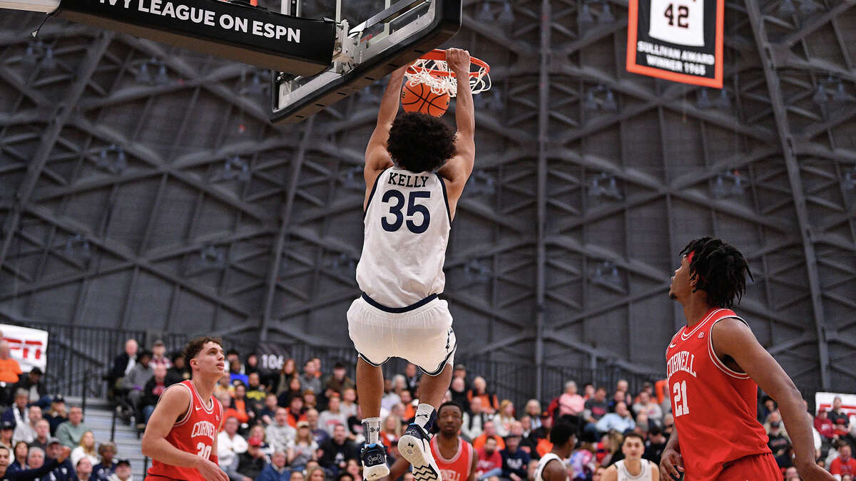 Yale's Isaiah Kelly dunks drives against Cornell during Saturday's Ivy League semifinal on March 11, 2023 in Princeton, N.J.