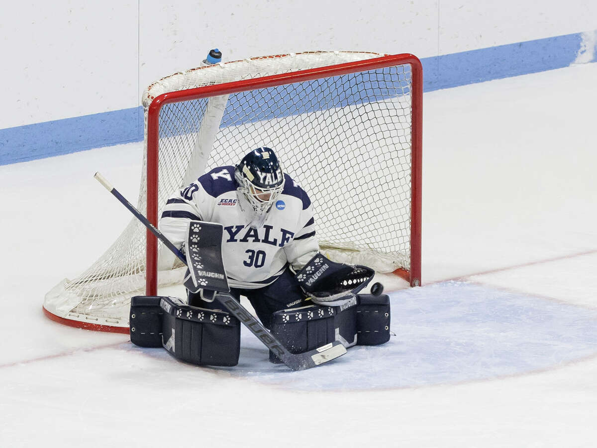 Yale Goaltender Pia Dukaric with a pad save during second period action  on Saturday, March 11, 2023.