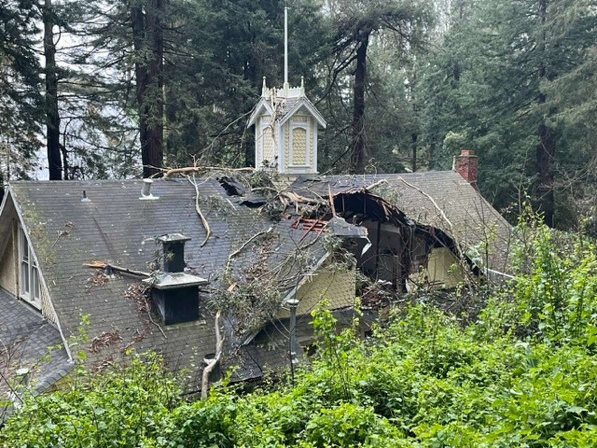 Rainstorms caused a eucalyptus tree to topple on the historic Trocadero Clubhouse in Stern Grove.