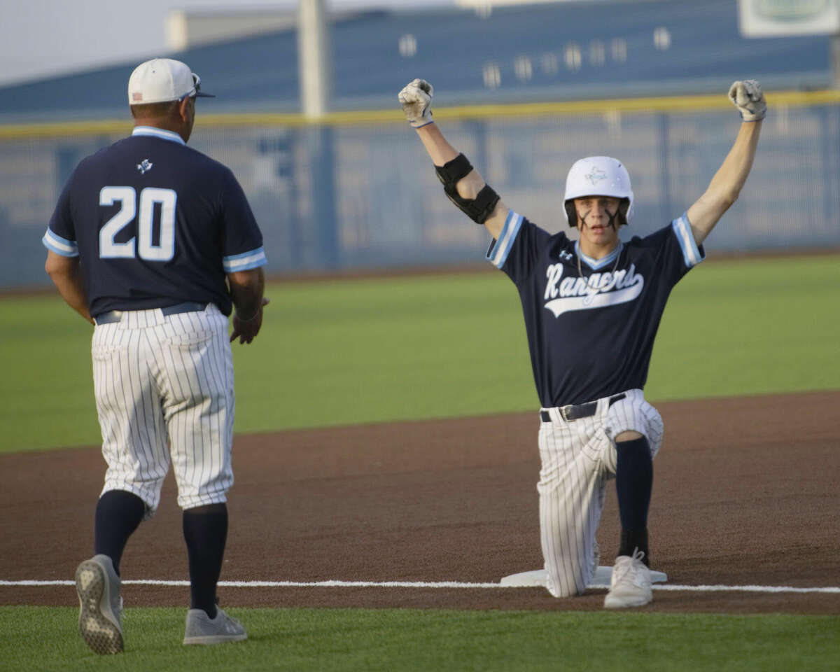 Greenwood's Hudson Grace celebrates after reaching third base on a triple during a West Texas March Classic baseball game against Brownfield, March 11 at the Greenwood baseball field. 