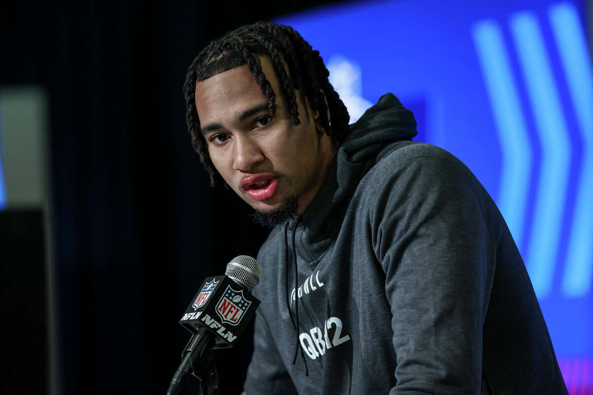 Quarterback CJ Stroud of Ohio State speaks to the media during the NFL Combine at Lucas Oil Stadium on March 3, 2023 in Indianapolis, Indiana.