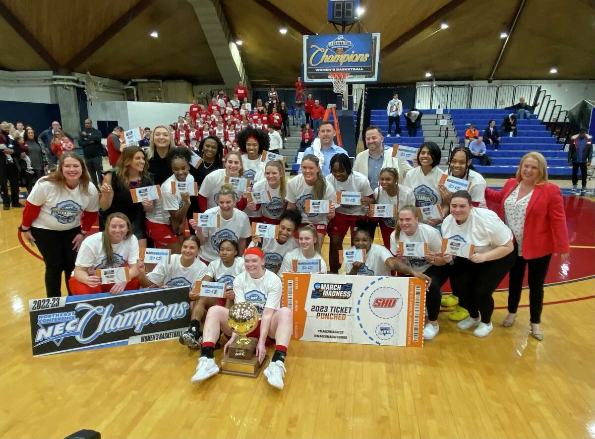 Members of the Sacred Heart University women's basketball team celebrate after defeating Fairleigh Dickinson in the Northeast Conference championship game Sunday. Sacred Heart earned its first NCAA tournament berth since 2012 and fourth overall with the win. The Pioneers learn their NCAA opponent Sunday night.