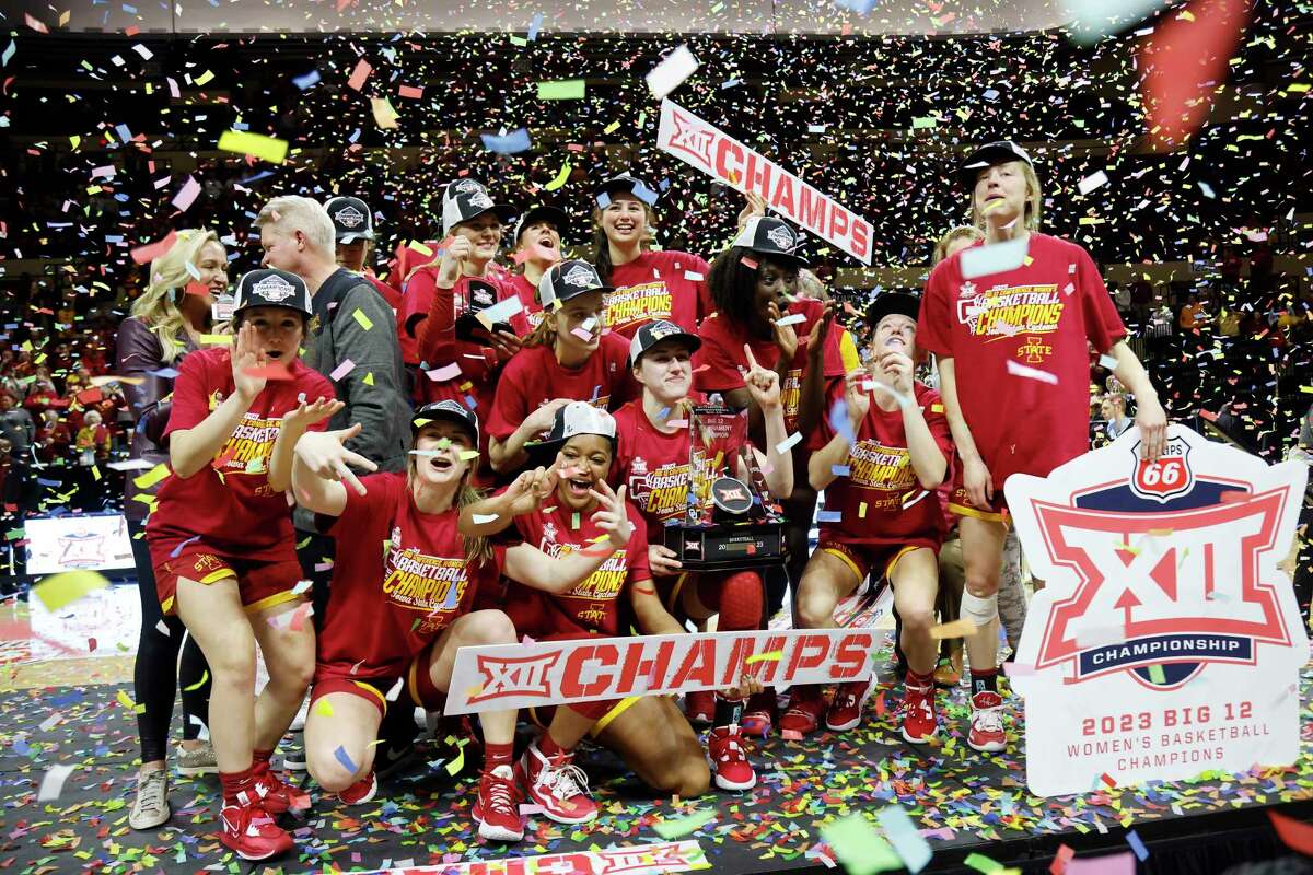 Iowa State celebrates after winning an NCAA college basketball championship game against Texas in the Big 12 Conference Tournament, Sunday, March 12, 2023, in Kansas City, Mo.
