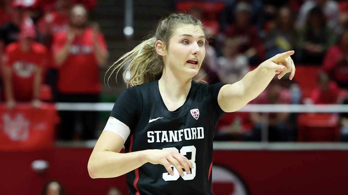 Stanford guard Hannah Jump (33) calls a play against Utah in the first half of an NCAA college basketball game Saturday, Feb. 25, 2023, in Salt Lake City. (AP Photo/Rob Gray)